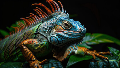 Fototapeta premium Colourful iguana in a natural environment in nature and on a dark background of greens and rocks
