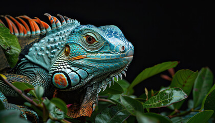 Colourful iguana in a natural environment in nature and on a dark background of greens and rocks