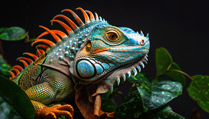 Fototapeta premium Colourful iguana in a natural environment in nature and on a dark background of greens and rocks