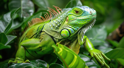 Obraz premium Colourful iguana in a natural environment in nature and on a dark background of greens and rocks