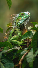 Obraz premium Colourful iguana in a natural environment in nature and on a dark background of greens and rocks