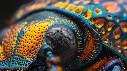 Obraz premium Macro shot of a beetle's carapace, showing the intricate patterns and colors