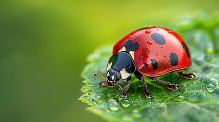Macro shot of a ladybug on a leaf, highlighting its vibrant red color and spots