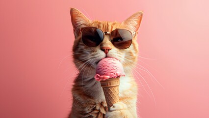 A stylish ginger cat wearing sunglasses and holding a pink ice cream cone against a pink background, creating a fun and adorable scene.