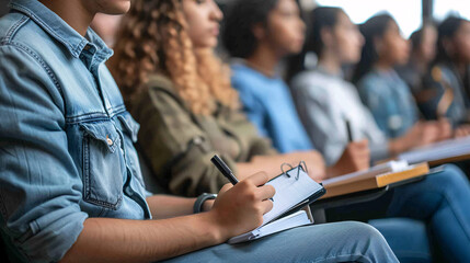 Close-up of an adult student in a school classroom setting, taking notes from a lecture, with focus on their hand writing and the notebook 