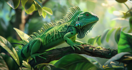 Colourful iguana in a natural environment in nature and on a dark background of greens and rocks