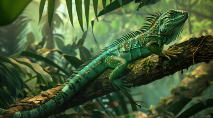 Colourful iguana in a natural environment in nature and on a dark background of greens and rocks