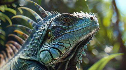 Fototapeta premium Colourful iguana in a natural environment in nature and on a dark background of greens and rocks
