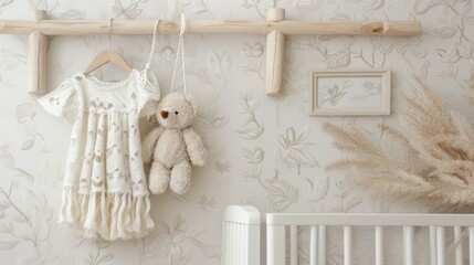 A white teddy bear hangs on a wooden shelf in a room with a floral wallpaper. A white picture frame is on the shelf, along with a ball of twine