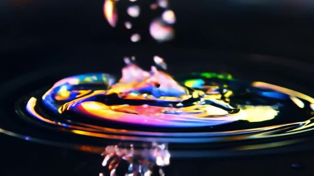 A falling water drop hits the surface, creating a splash and swirl effect. A colorful, abstract image appears on a black background, reflecting the dynamics and diversity of water drops.