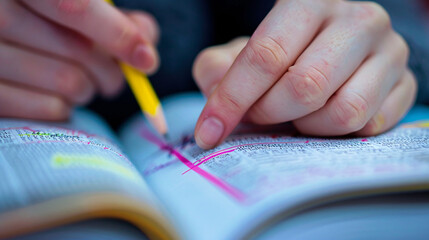 Close-up of an adult student highlighting text in a textbook, focusing on their hands and the highlighted passages 