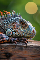 Fototapeta premium Colourful iguana in a natural environment in nature and on a dark background of greens and rocks