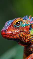 Obraz premium Colourful iguana in a natural environment in nature and on a dark background of greens and rocks