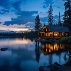 Fototapeta premium A high-quality stock image of a serene lakeside cabin at dusk. The scene is peaceful and picturesque. AI generation.