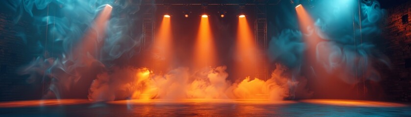 Three stage lights illuminate a smoky stage with an orange glow.