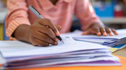 Close-up of an educator grading papers at a desk, focusing on their hands marking the documents and the stack of assignments 