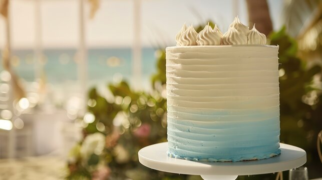 minimalist white cake with an ombre effect from sky blue to deep sea blue, set against a backdrop of a chic, beachfront retirement party