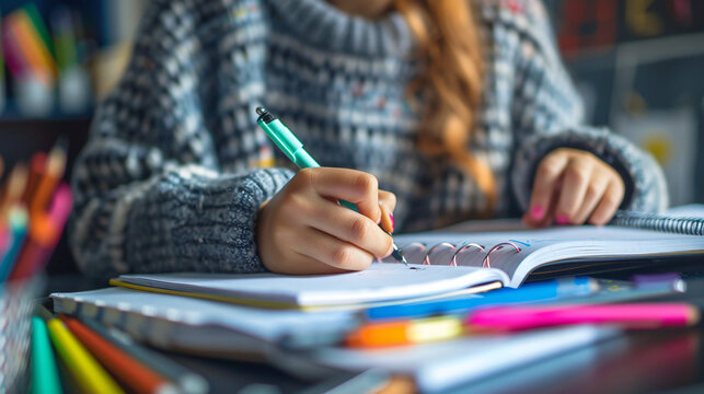 Close-up of an educator preparing lesson plans, focusing on their hands writing in a notebook and the organized desk 