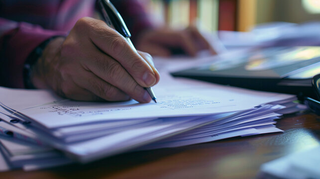 Teacher grading assignments at a desk, focusing on their hand holding a pen and marking a paper, with a stack of assignments nearby 