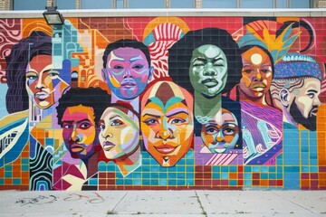 Obraz premium Colorful Mural Depicting Faces of Diverse People on Brick Wall