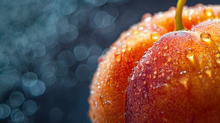 A close-up shot of a juicy apricot with droplets of water glistening on its skin, showcasing its fresh and juicy texture, set against a dark, textured background to enhance the vibrant color of the