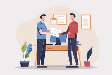 Two Men Handing Over Documents in an Office