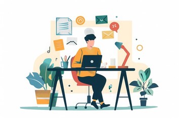 Fototapeta premium Man Working on Laptop at Desk With Papers and Plants