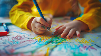 Naklejka premium Child drawing with crayons, focusing on their hands and the colorful drawing on the paper 