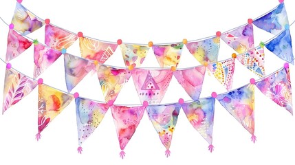 Obraz premium Decorative watercolor festive bunting, vibrant colors, intricate patterns, celebratory theme