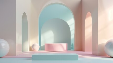 A pink and blue room with a white archway and a pink and blue pedestal