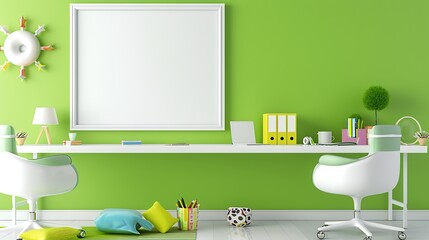 Bright green-themed modern office room with a blank frame on the wall, ergonomic white furniture, and colorful accessories for a fresh look.