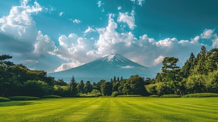 Fototapeta premium Mount Fuji rises majestically behind a green lawn, with a sky full of stunning clouds. Perfect space for adding your text.
