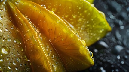Closeup of a Yellow Flower Petal Covered in Dew Drops