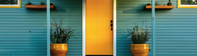 A yellow door with a gray trim sits in front of a white building. The door is surrounded by potted plants, including a vase with a pink flower. Concept of warmth and welcoming