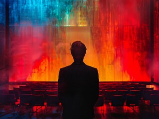 3d background room, theater, close up, focus on, bold hues, Double exposure silhouette with theater