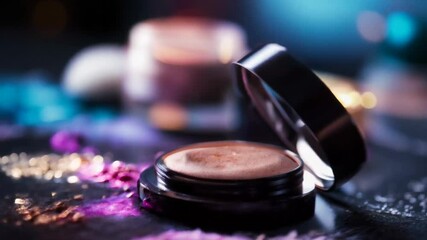 Luxurious makeup and skincare products with colorful bokeh lights.