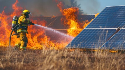 Technician using firefighting equipment to contain a photovoltaic fire.