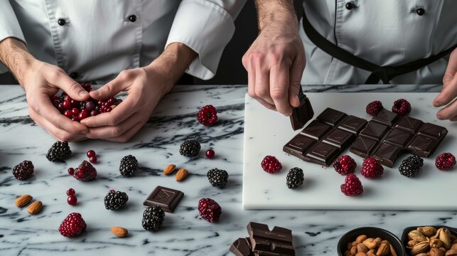 A chef preparing a meal rich in antioxidants, with berries, dark chocolate, and nuts, in a professional kitchen