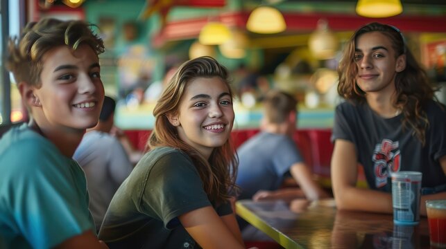 Teen portrait of a group of friends hanging out at a local diner.