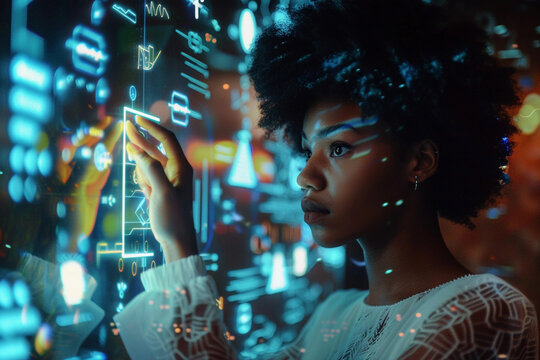 black woman pressing buttons on hologram, augmented reality development, innovation, future - Powered by Adobe