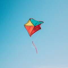 A high-quality stock image of a colorful kite flying in a clear blue sky. The kite is vibrant and joyful, soaring high. AI generation.