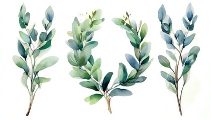 eucalyptus twigs are connected in a circle on a white background in watercolor technique