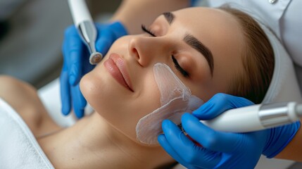 Fototapeta premium Cosmetologist treating client skin, facial treatment, professional