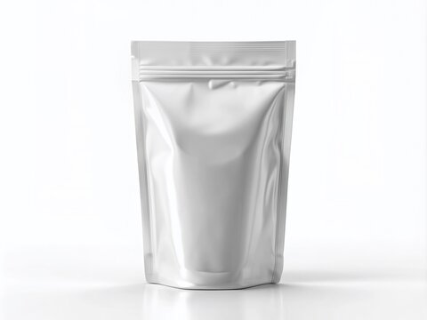Isolated transparent blank standing pouch mockup over white background, fully customizable with your design, perfect for product packaging and branding presentation.
