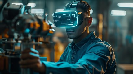 Factory worker using AR glasses, assembling parts
