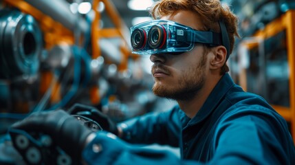 Factory worker using AR glasses, assembling parts