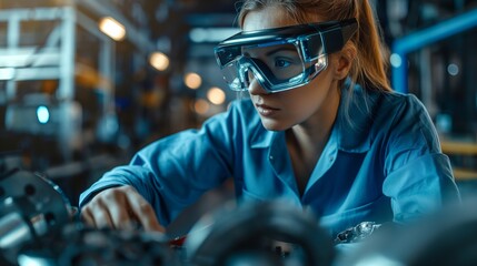 Factory worker using AR glasses, assembling parts