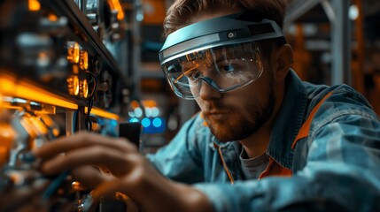 Factory worker using AR glasses, assembling parts