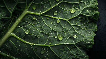 Fototapeta premium A close-up shot of a fresh collard green with droplets of water glistening on its surface, showcasing its fresh and juicy texture, set against a dark, textured background to enhance the vibrant color
