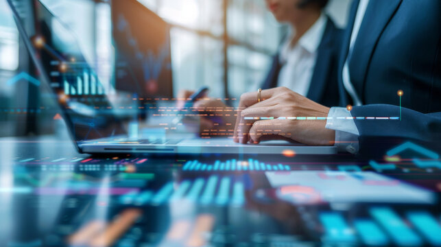 A businesswoman is typing on a laptop with a screen displaying a lot of data, financial consultation and marketing concept